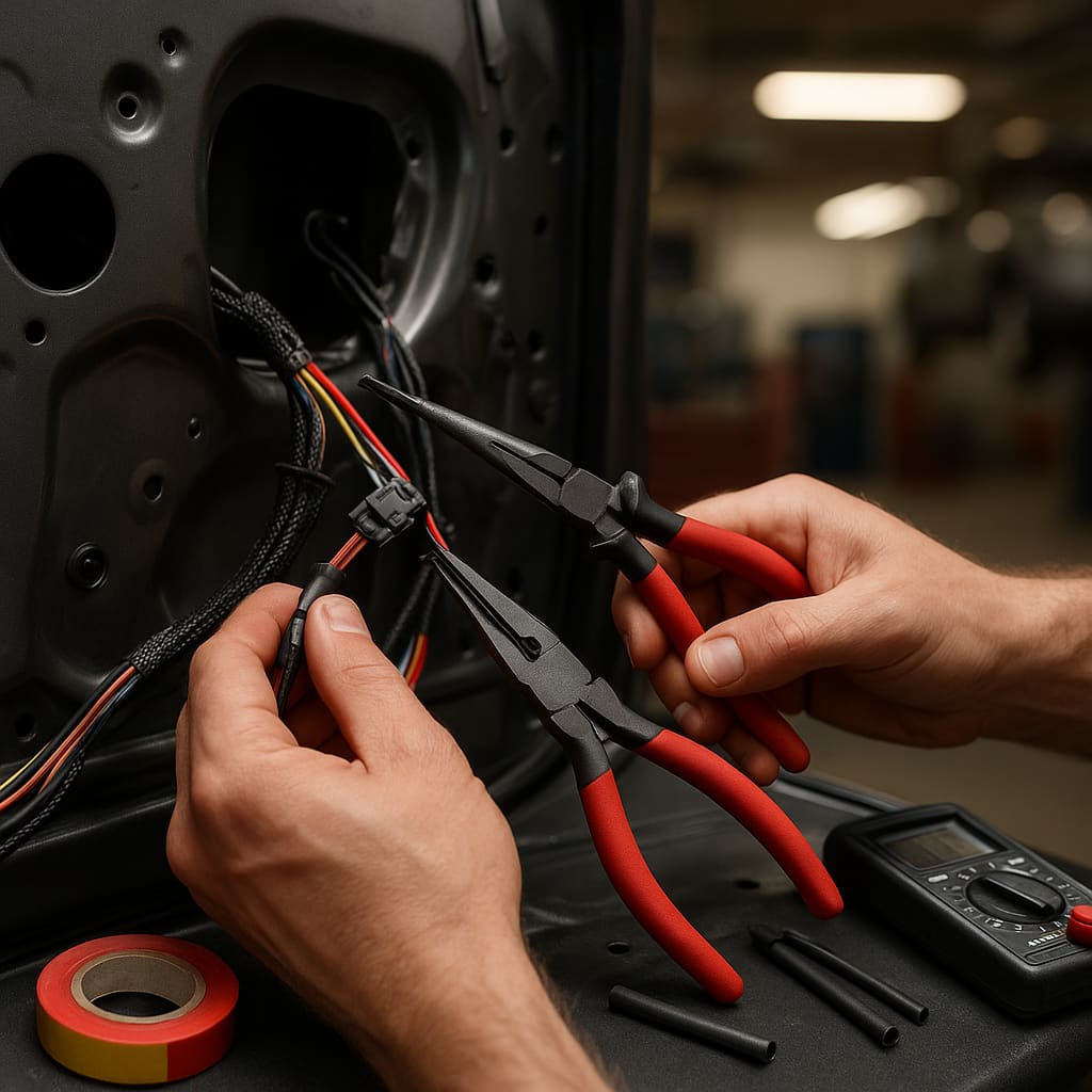 Technician installing car audio wiring